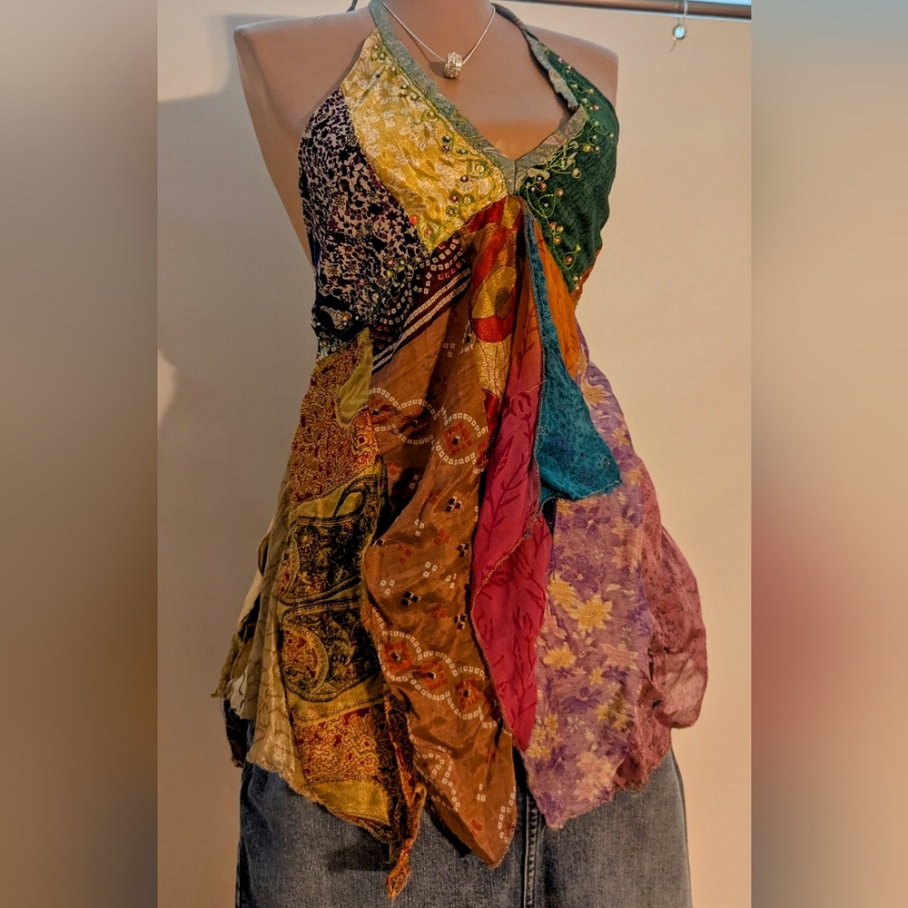 Handmade, Boho Patchwork, Indian Silk, Women's Halter Tank Top, M/L, Multi Color